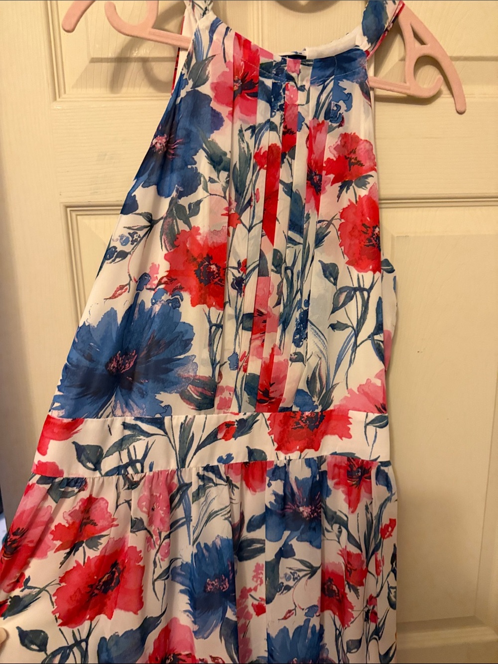 Floral Print maxi dress in White with Blue & Red Flowers